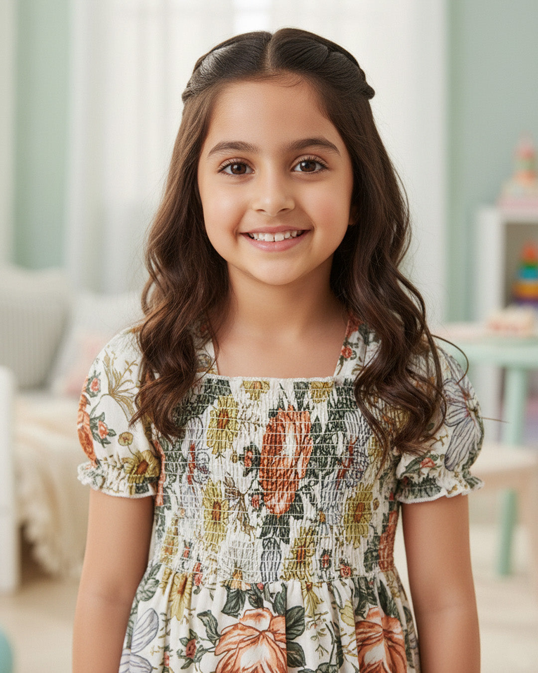 Girls Vintage Floral Puff-Sleeve Smocked Cotton Dress with Ruffle Hem