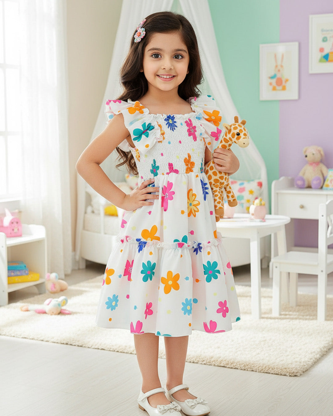 Girls White Floral Print Ruffle Sleeve Party Dress