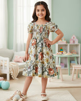 Girls Vintage Floral Puff-Sleeve Smocked Cotton Dress with Ruffle Hem