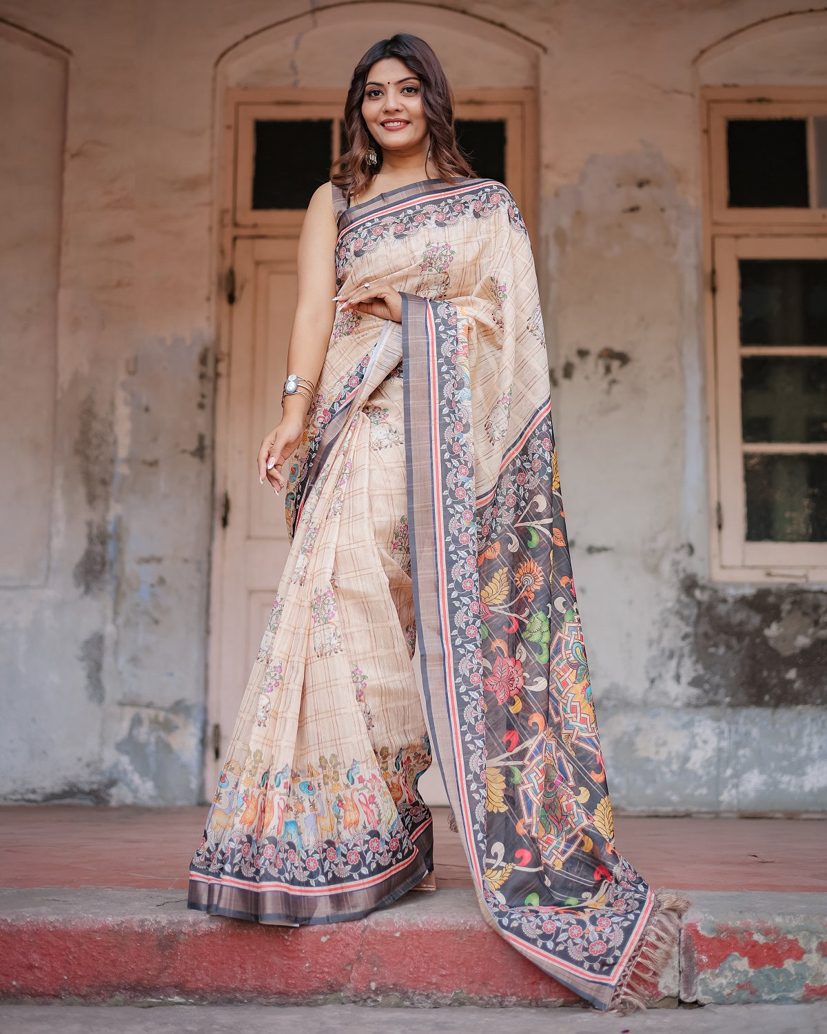 Printed Beige Linen Saree for Women with Multicolor Pallu and Ethnic Border – Lightweight Casual Wear