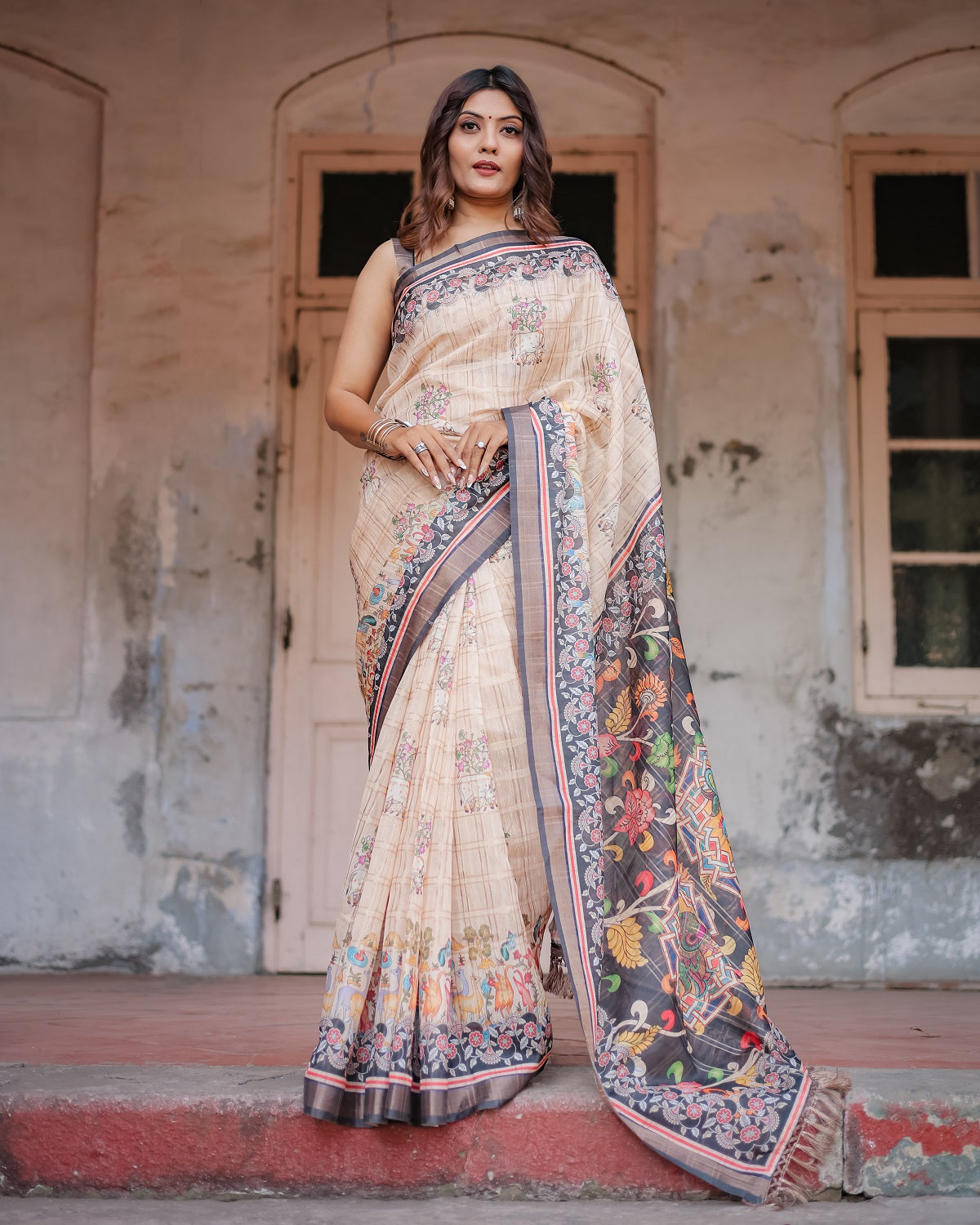 Printed Beige Linen Saree for Women with Multicolor Pallu and Ethnic Border – Lightweight Casual Wear