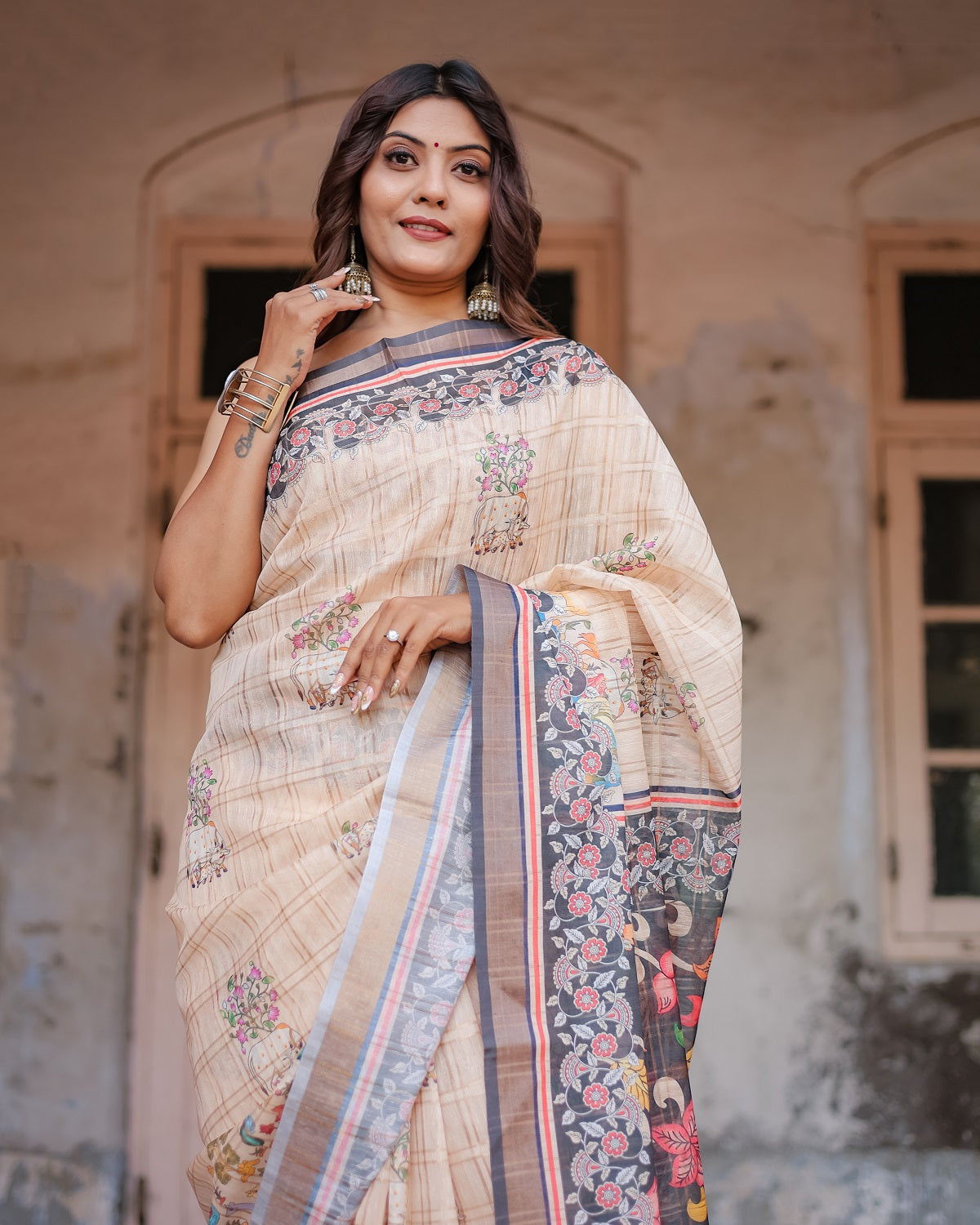 Printed Beige Linen Saree for Women with Multicolor Pallu and Ethnic Border – Lightweight Casual Wear