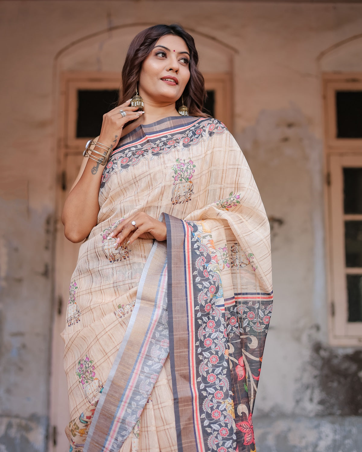 Printed Beige Linen Saree for Women with Multicolor Pallu and Ethnic Border – Lightweight Casual Wear