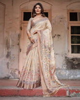 Printed Off White Linen Saree for Women with Multicolor Pallu and Ethnic Border – Lightweight Casual Wear