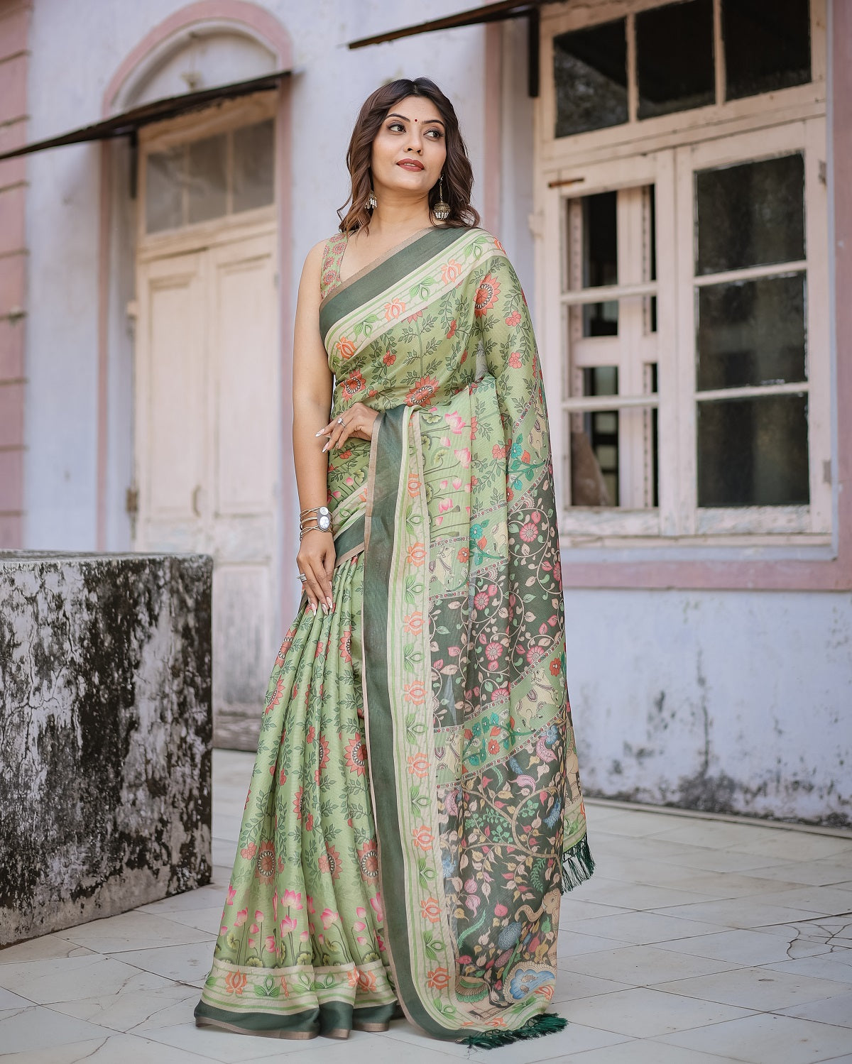 Printed Mint Green Linen Saree for Women with Multicolor Pallu and Ethnic Border – Lightweight Casual Wear