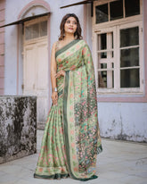 Printed Mint Green Linen Saree for Women with Multicolor Pallu and Ethnic Border – Lightweight Casual Wear