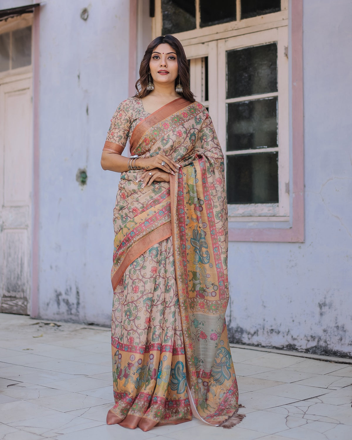 Printed Multicolor Linen Saree for Women with Multicolor Pallu and Ethnic Border – Lightweight Casual Wear