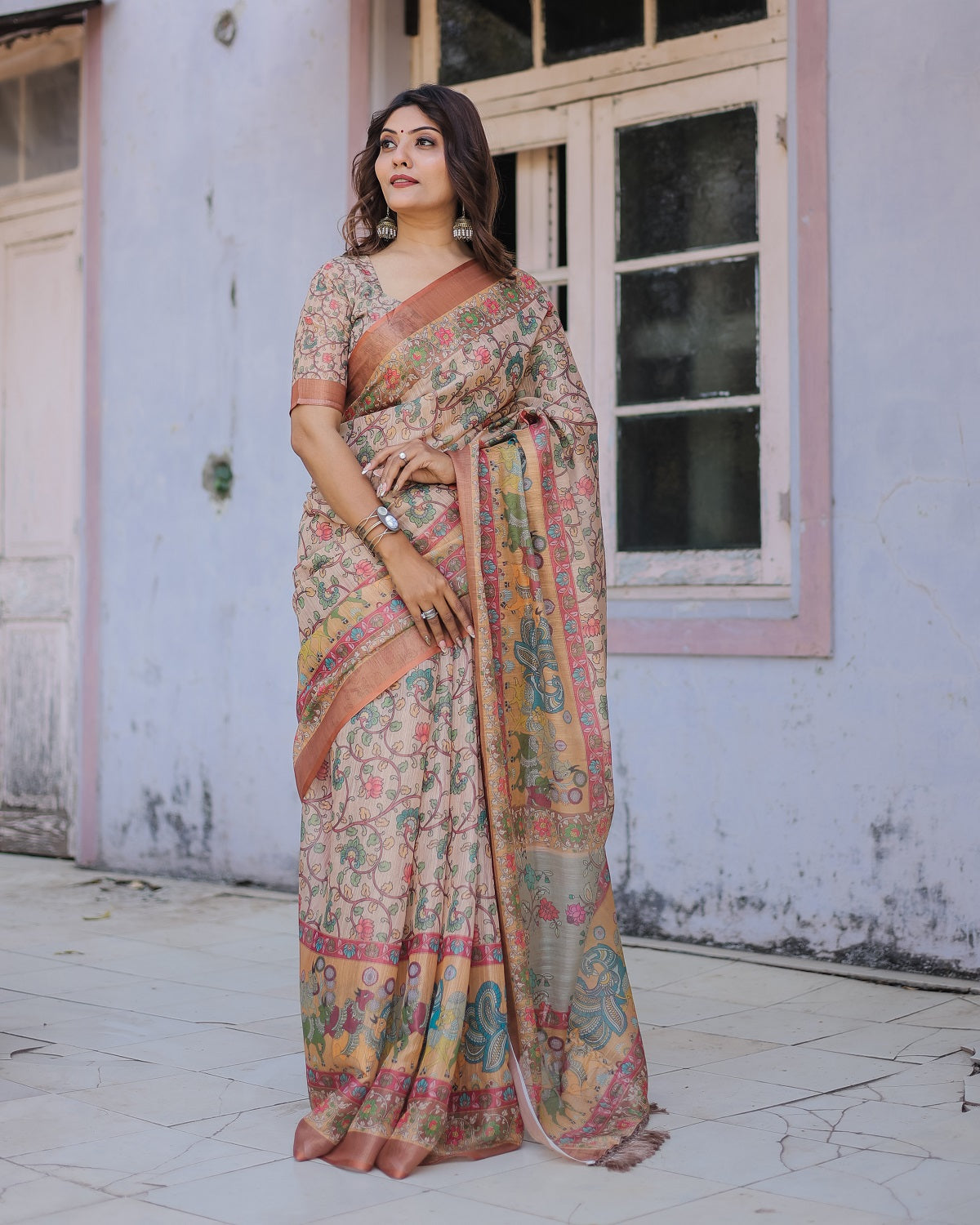 Printed Multicolor Linen Saree for Women with Multicolor Pallu and Ethnic Border – Lightweight Casual Wear