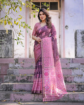 Printed Pink Linen Saree for Women with Multicolor Pallu and Ethnic Border – Lightweight Casual Wear