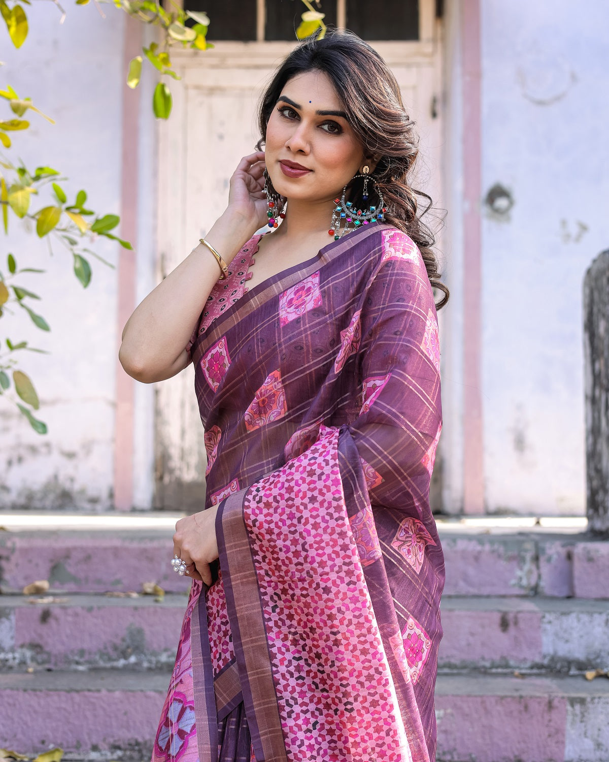 Printed Pink Linen Saree for Women with Multicolor Pallu and Ethnic Border – Lightweight Casual Wear