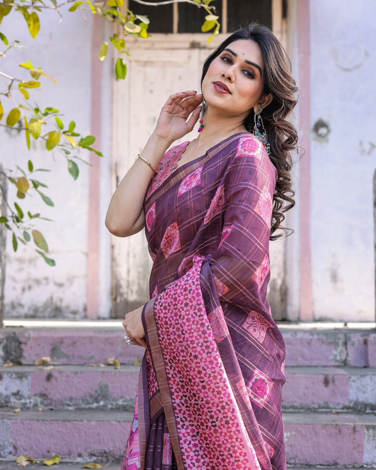 Printed Pink Linen Saree for Women with Multicolor Pallu and Ethnic Border – Lightweight Casual Wear