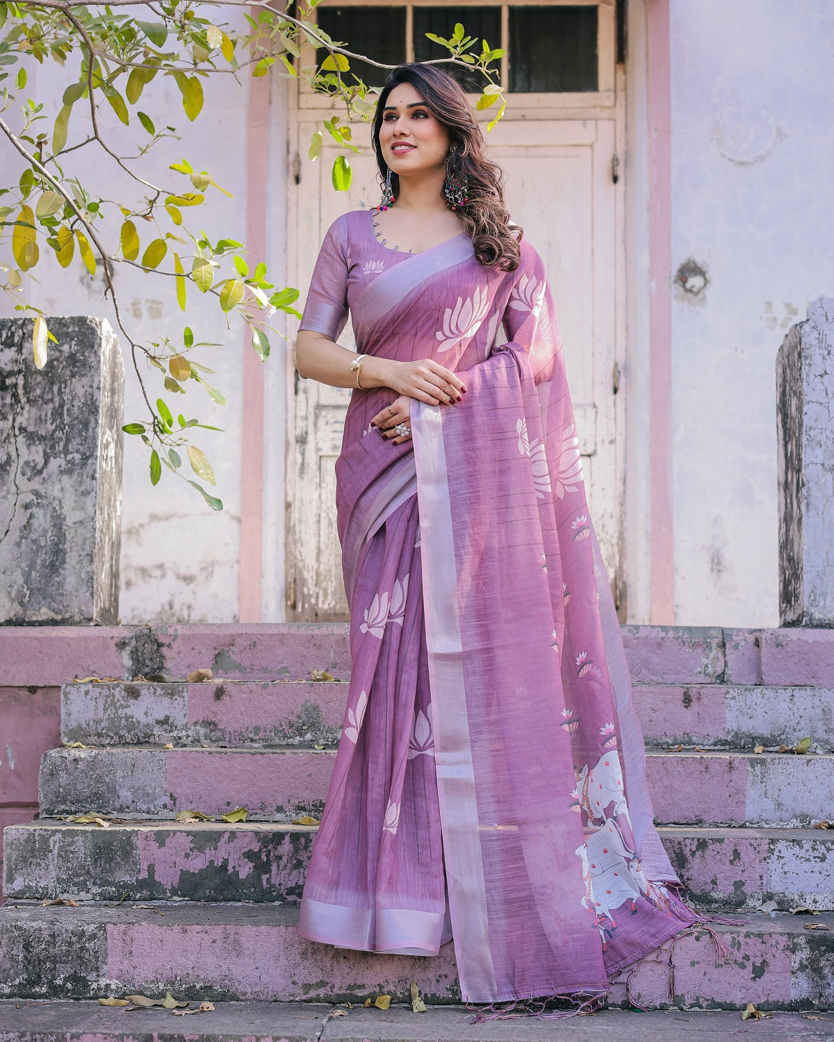 Elegant Mauve Linen Saree with White Lotus Print & Silver Zari Border
