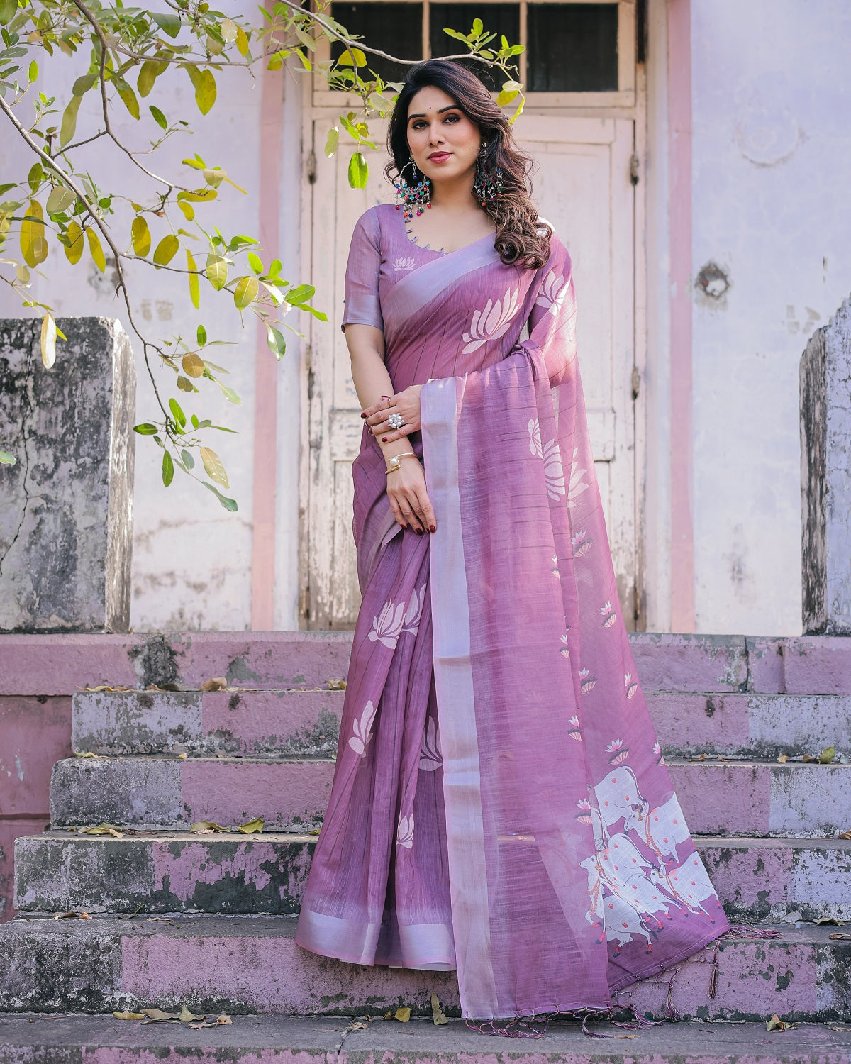 Elegant Mauve Linen Saree with White Lotus Print & Silver Zari Border