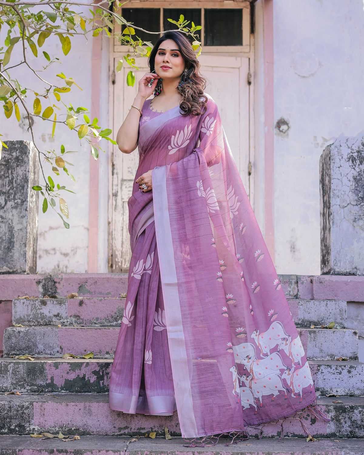 Elegant Mauve Linen Saree with White Lotus Print & Silver Zari Border