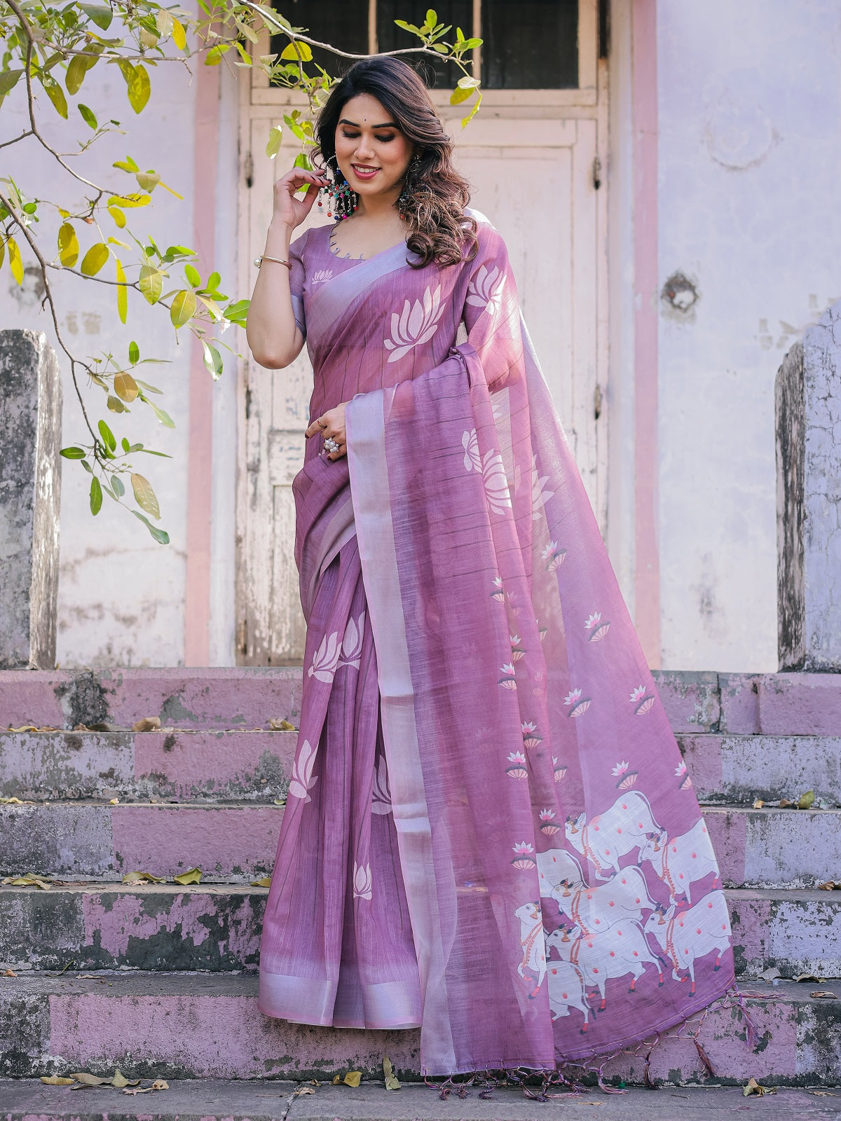 Elegant Mauve Linen Saree with White Lotus Print & Silver Zari Border