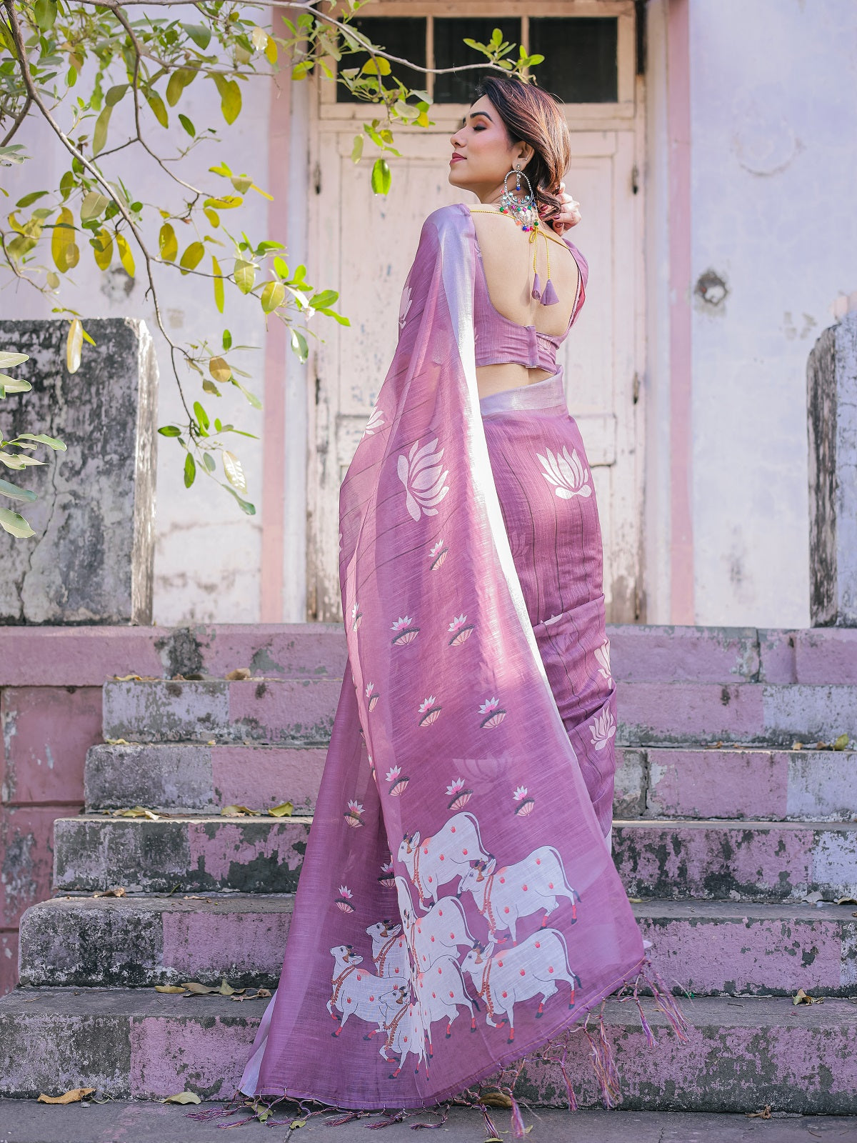 Elegant Mauve Linen Saree with White Lotus Print & Silver Zari Border