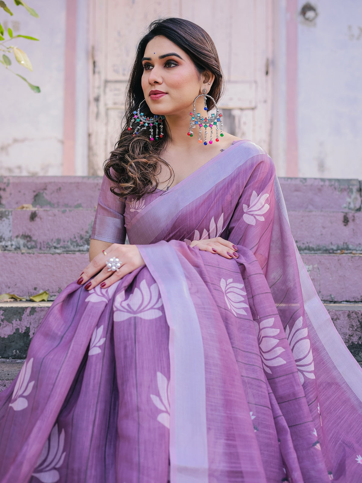 Elegant Mauve Linen Saree with White Lotus Print & Silver Zari Border