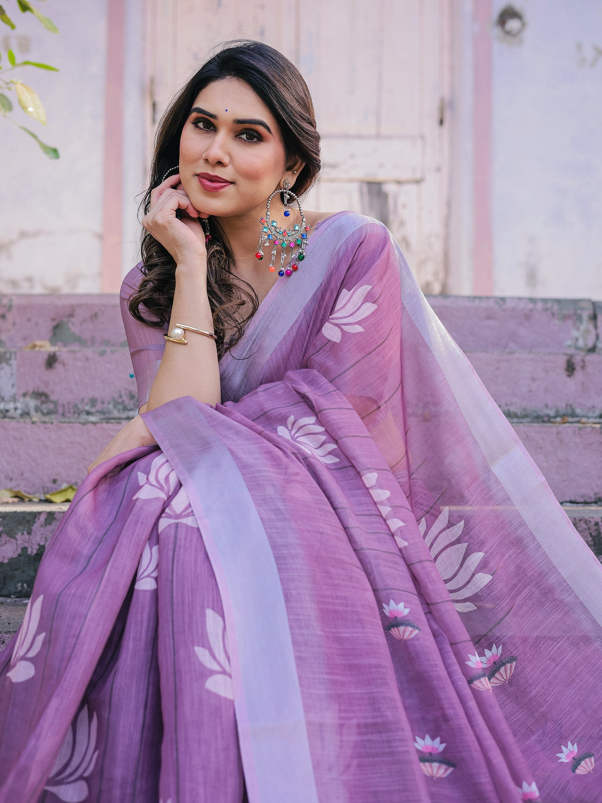 Elegant Mauve Linen Saree with White Lotus Print & Silver Zari Border