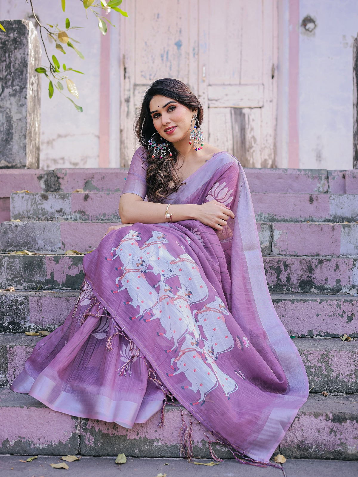Elegant Mauve Linen Saree with White Lotus Print & Silver Zari Border