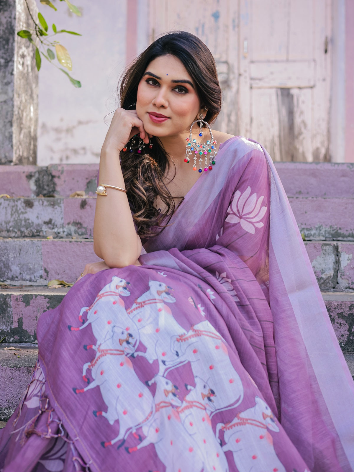 Elegant Mauve Linen Saree with White Lotus Print & Silver Zari Border