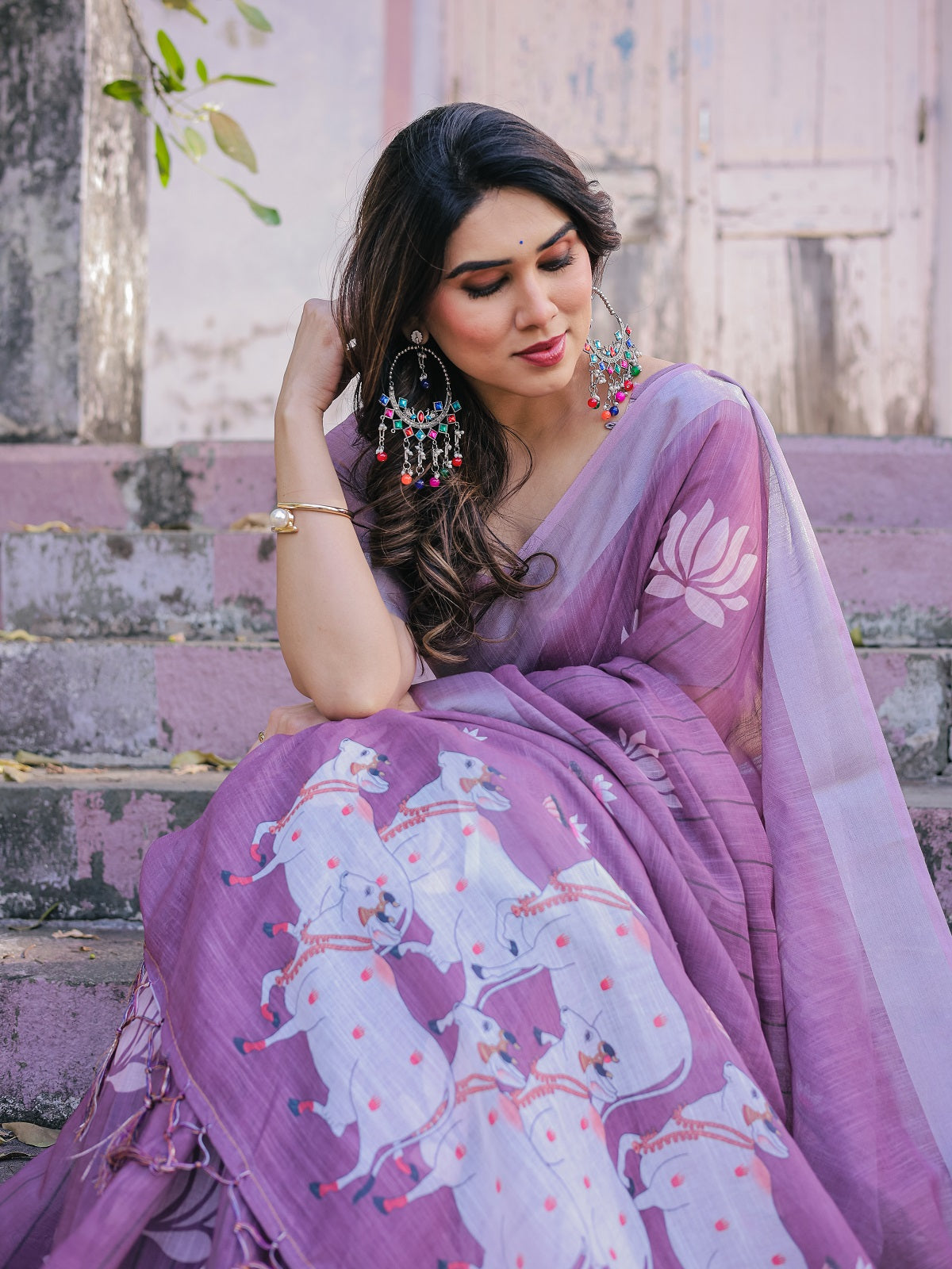 Elegant Mauve Linen Saree with White Lotus Print & Silver Zari Border