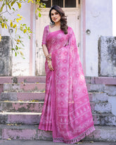 Elegant Pink Linen Saree with White Lotus Print & Silver Zari Border