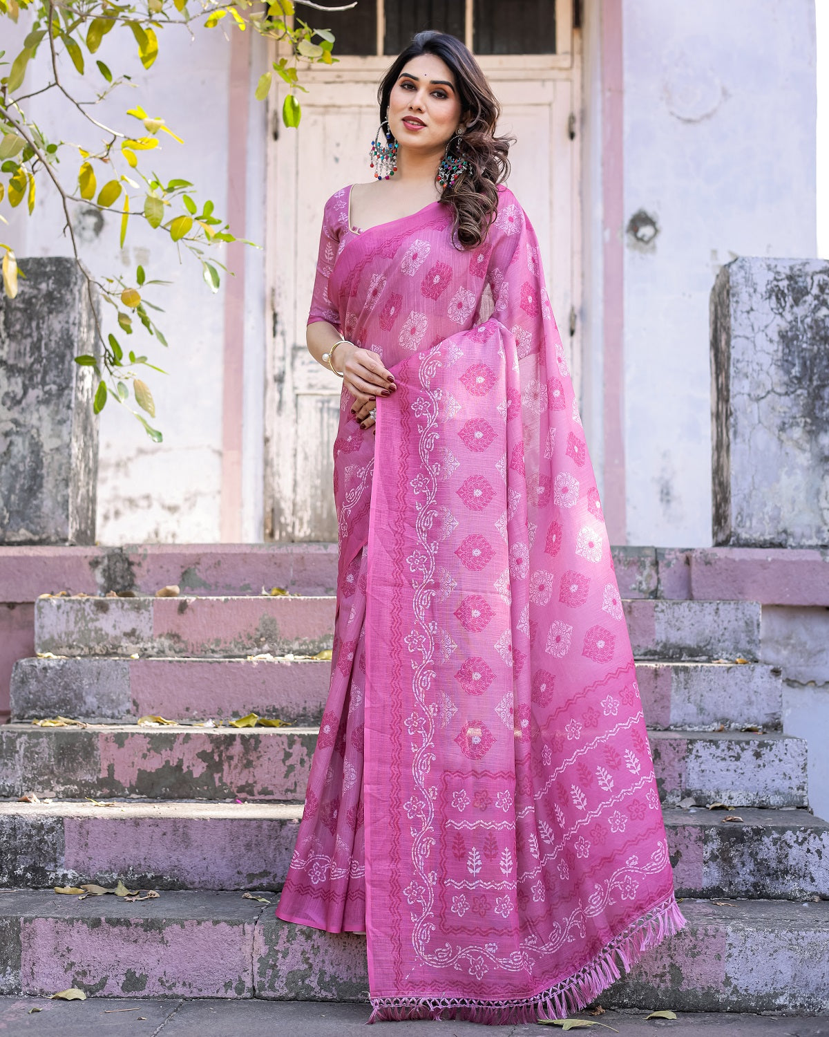 Elegant Pink Linen Saree with White Lotus Print & Silver Zari Border