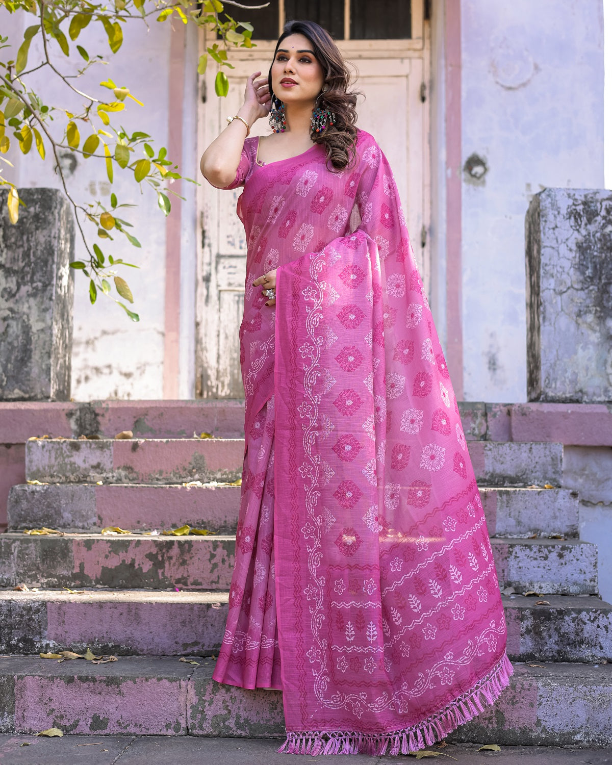 Elegant Pink Linen Saree with White Lotus Print & Silver Zari Border