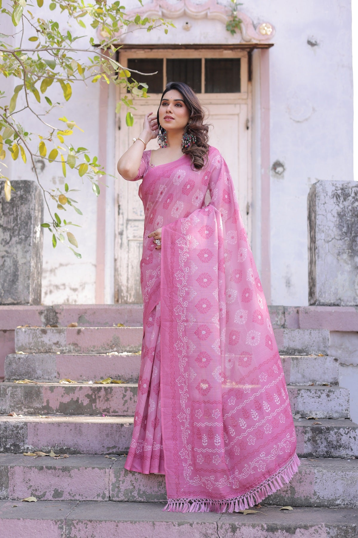 Elegant Pink Linen Saree with White Lotus Print & Silver Zari Border