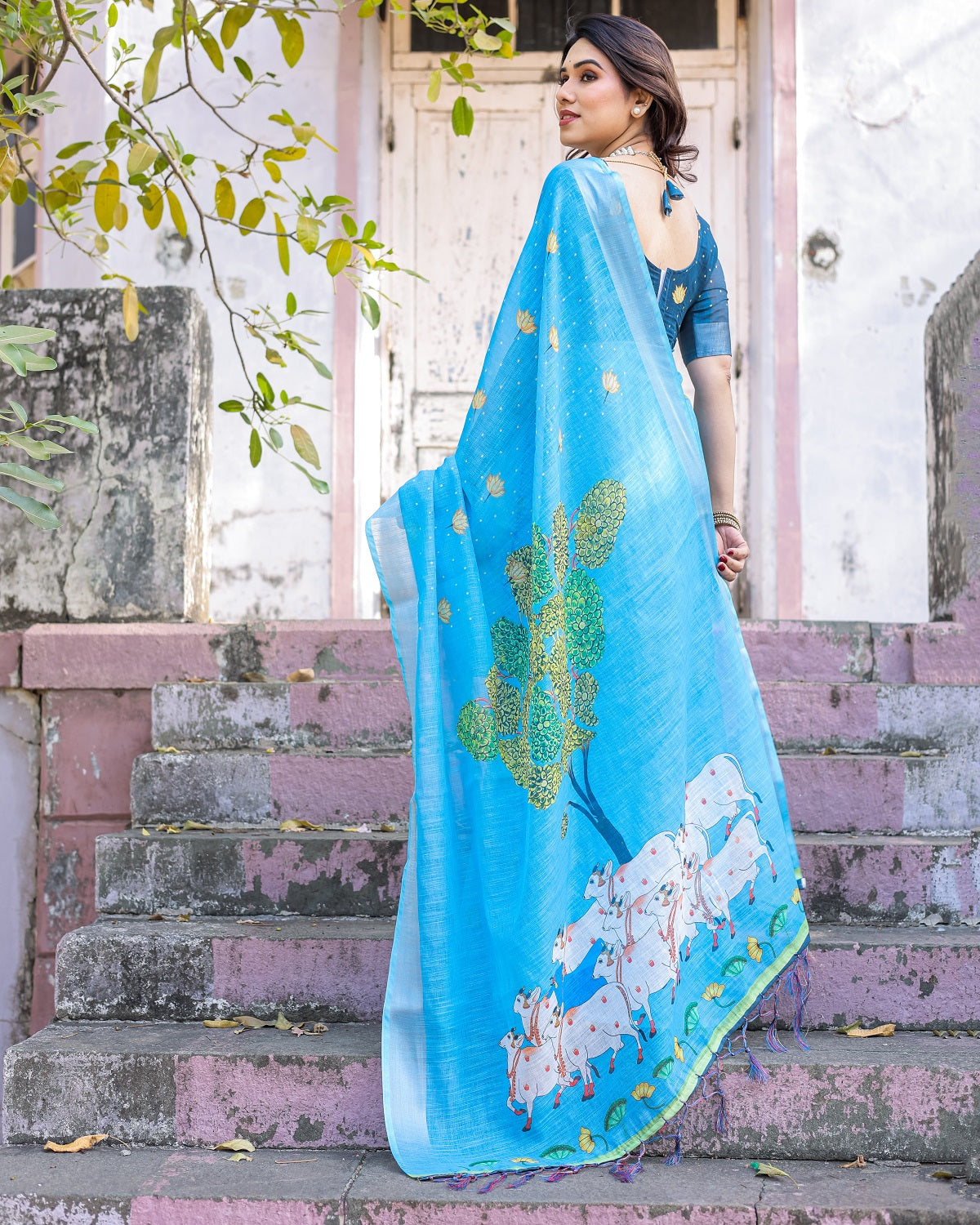 Elegant Sky Blue Linen Saree with White Lotus Print & Silver Zari Border