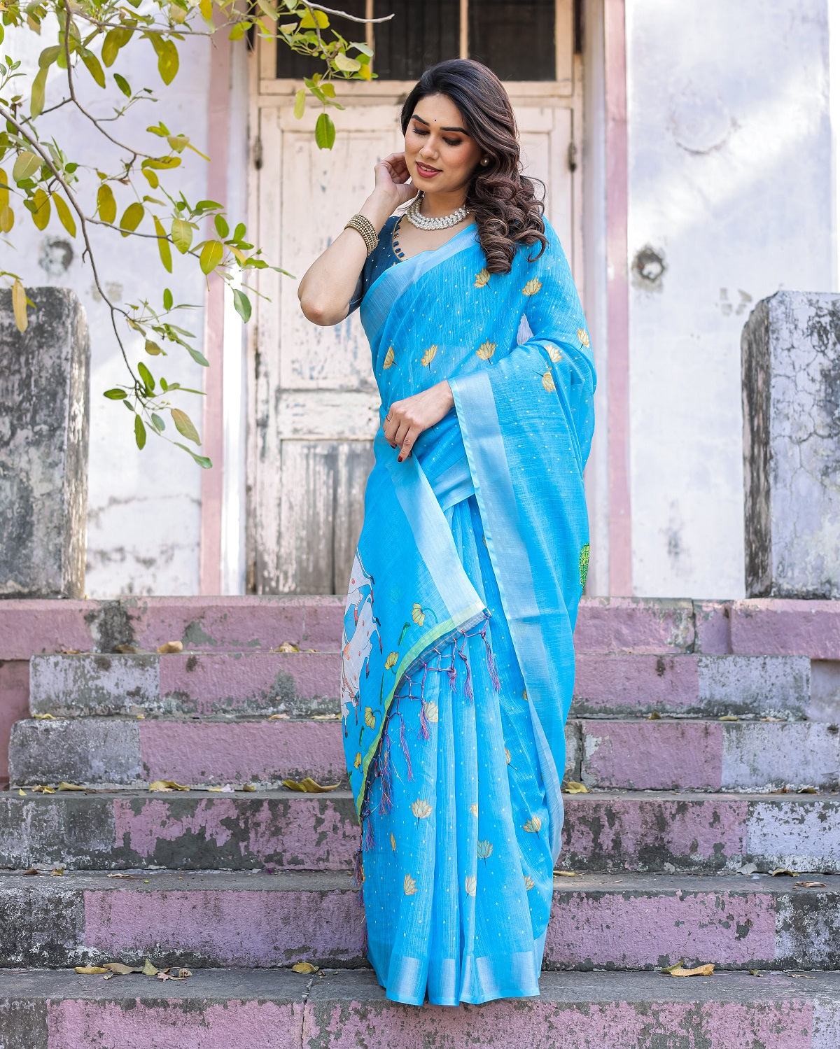 Elegant Sky Blue Linen Saree with White Lotus Print & Silver Zari Border