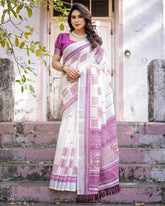 Elegant Off White Linen Saree with White Lotus Print & Silver Zari Border