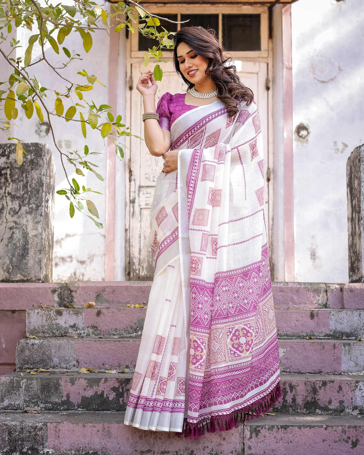 Elegant Off White Linen Saree with White Lotus Print & Silver Zari Border