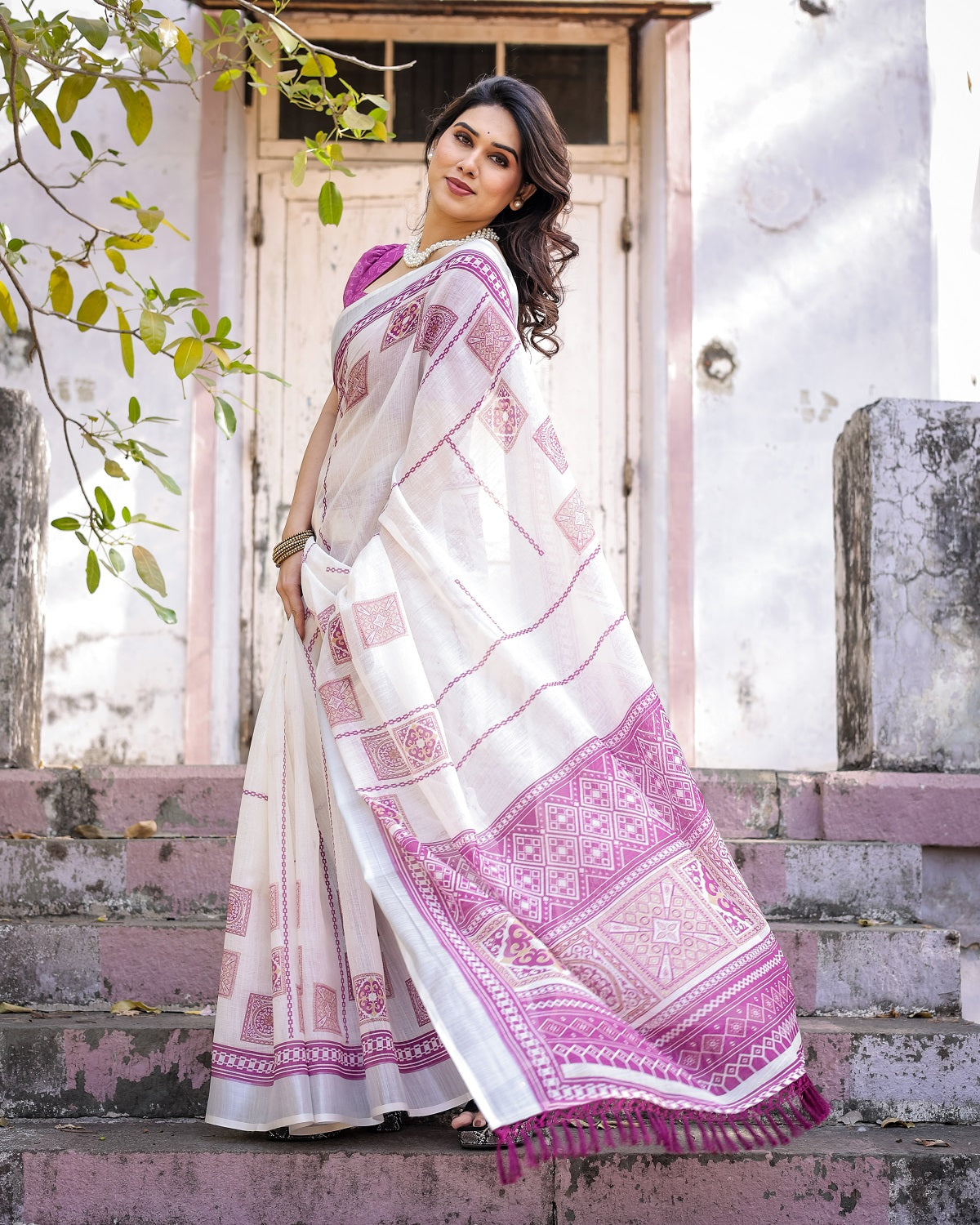 Elegant Off White Linen Saree with White Lotus Print & Silver Zari Border