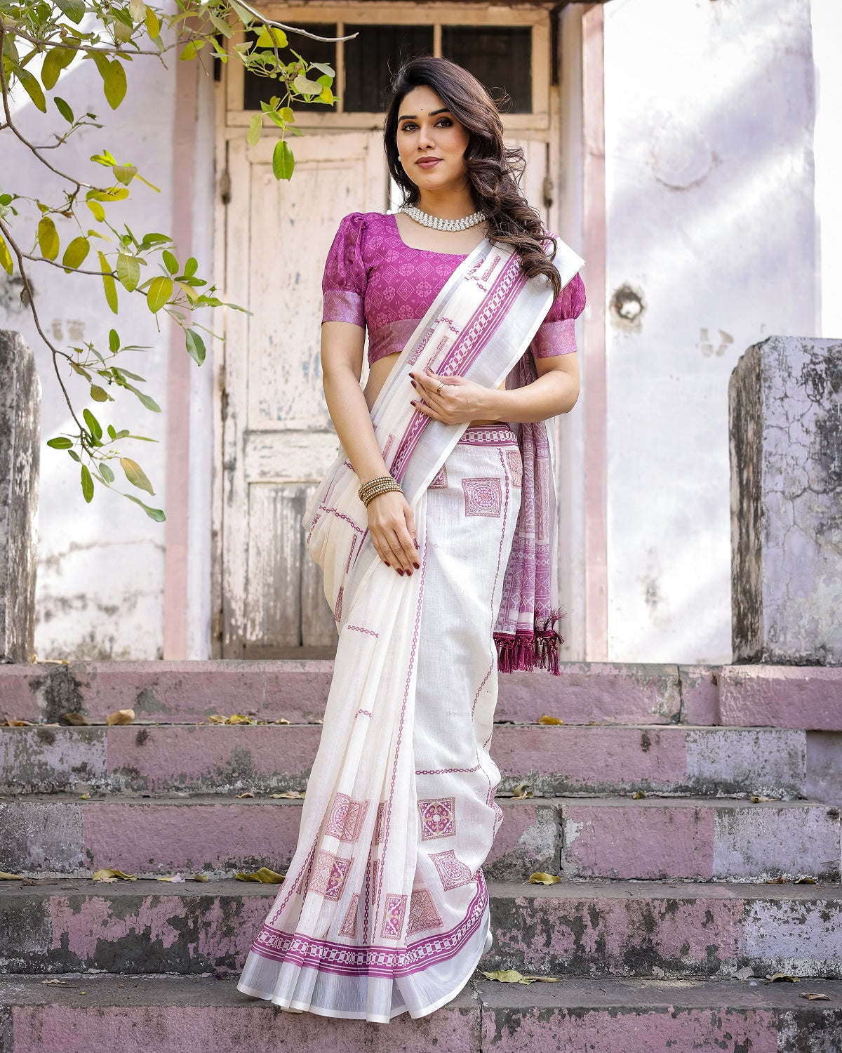 Elegant Off White Linen Saree with White Lotus Print & Silver Zari Border