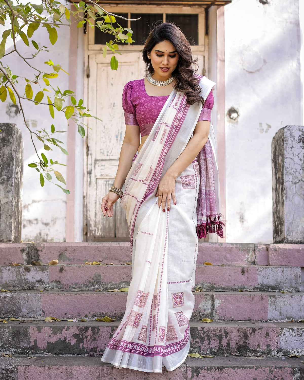 Elegant Off White Linen Saree with White Lotus Print & Silver Zari Border