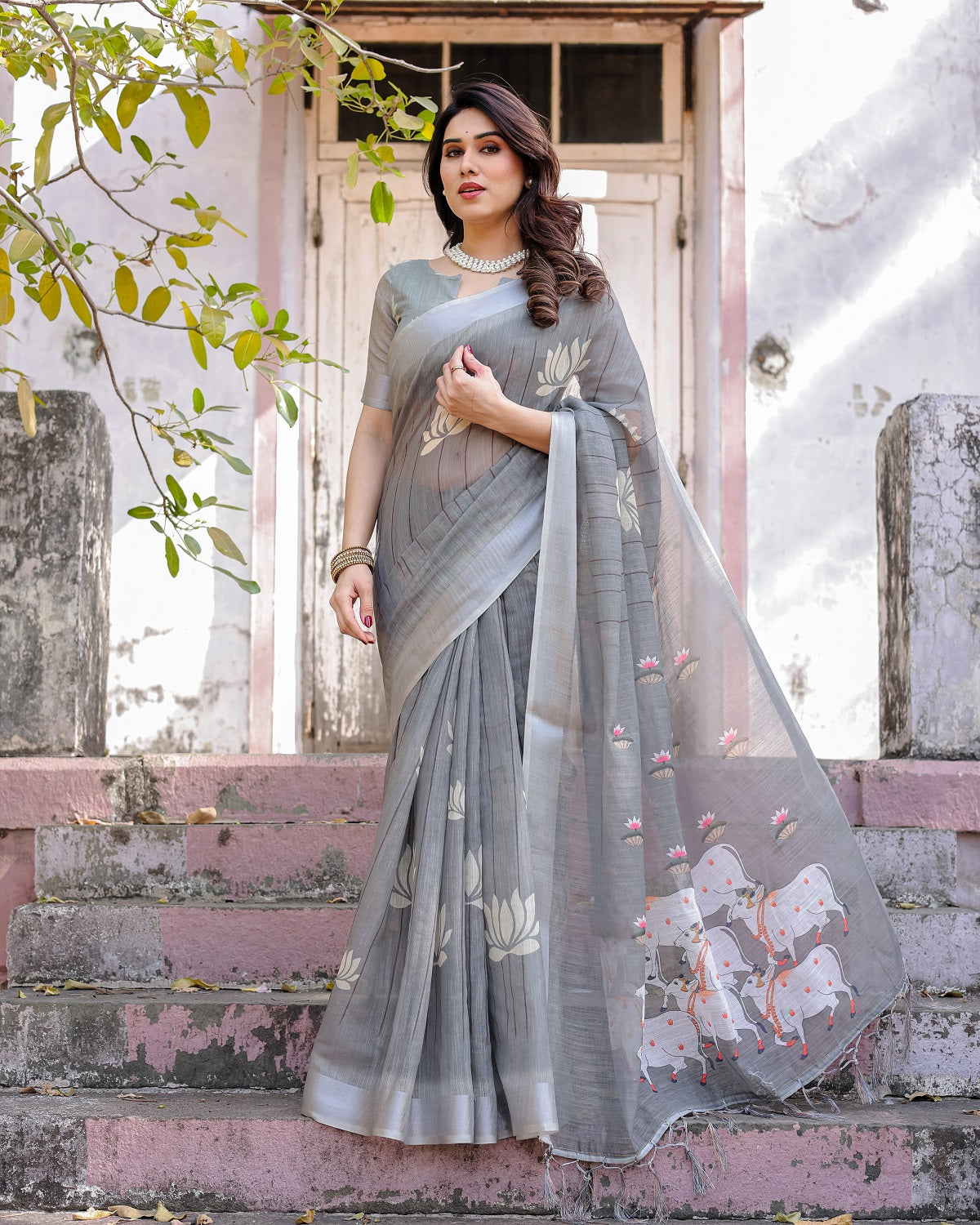 Elegant Grey Linen Saree with White Lotus Print & Silver Zari Border