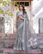 Elegant Grey Linen Saree with White Lotus Print & Silver Zari Border