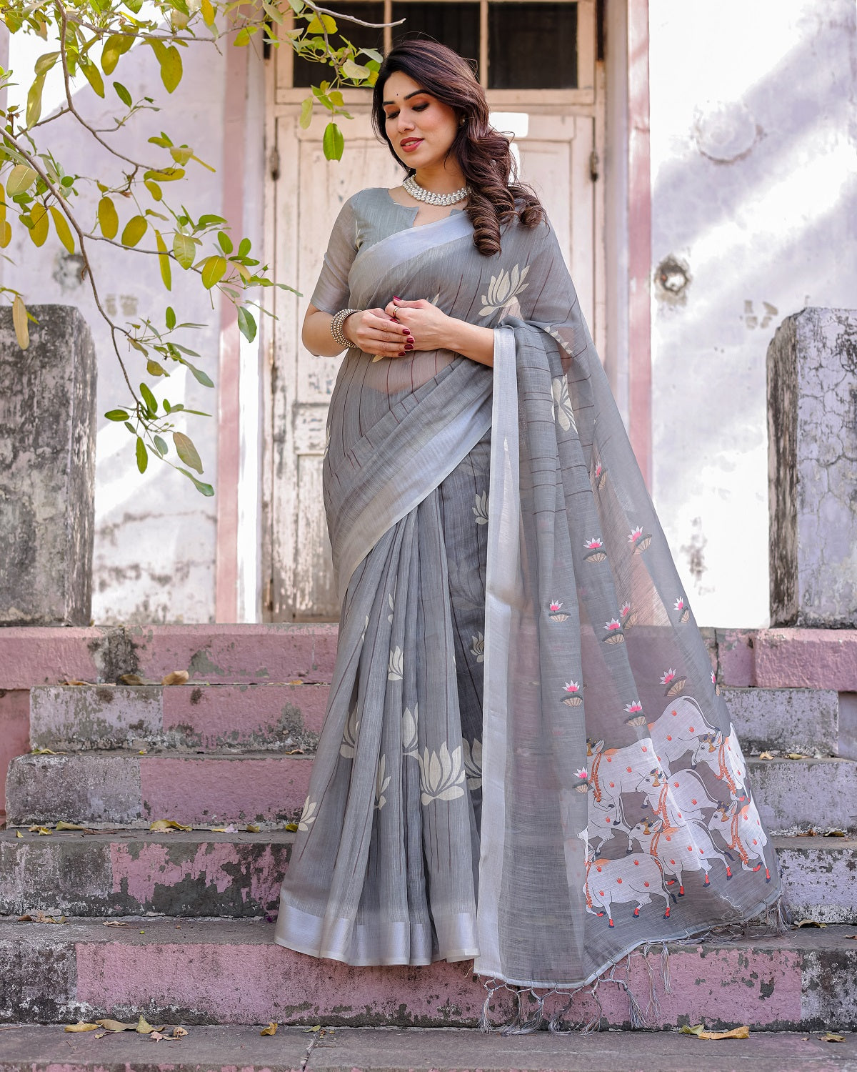 Elegant Grey Linen Saree with White Lotus Print & Silver Zari Border