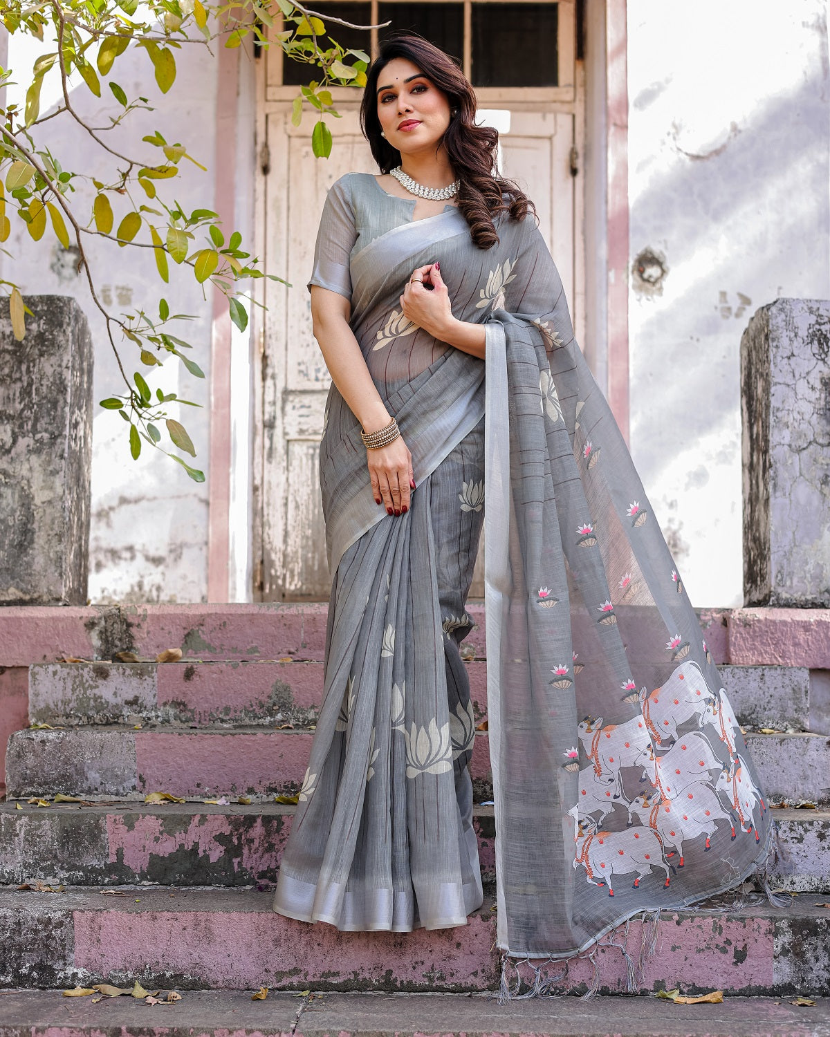 Elegant Grey Linen Saree with White Lotus Print & Silver Zari Border