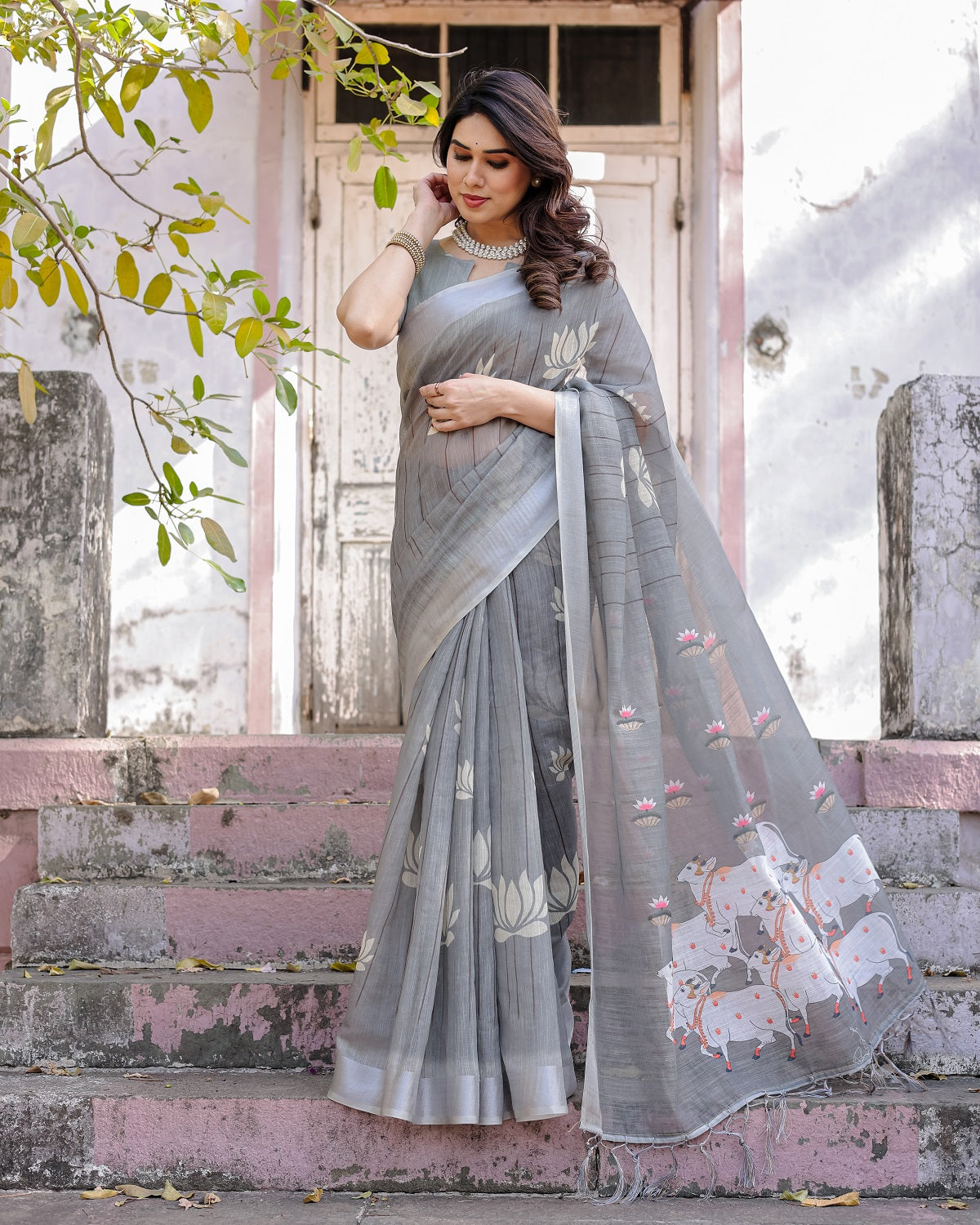 Elegant Grey Linen Saree with White Lotus Print & Silver Zari Border
