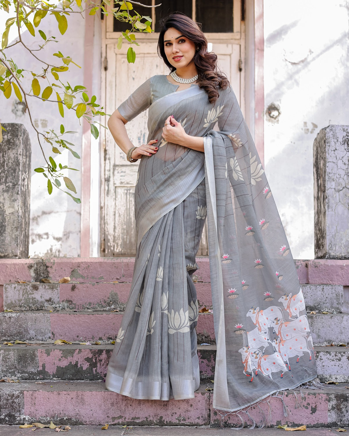Elegant Grey Linen Saree with White Lotus Print & Silver Zari Border