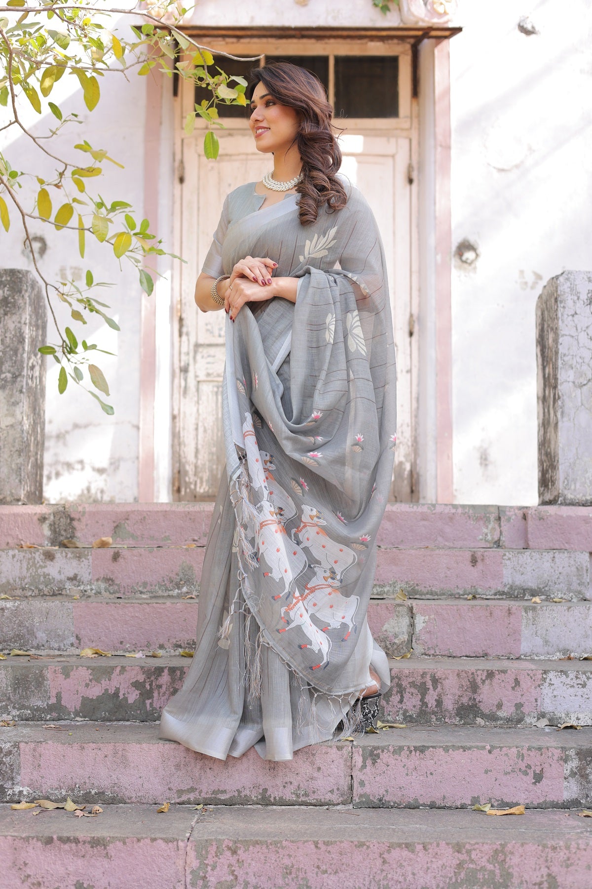 Elegant Grey Linen Saree with White Lotus Print & Silver Zari Border