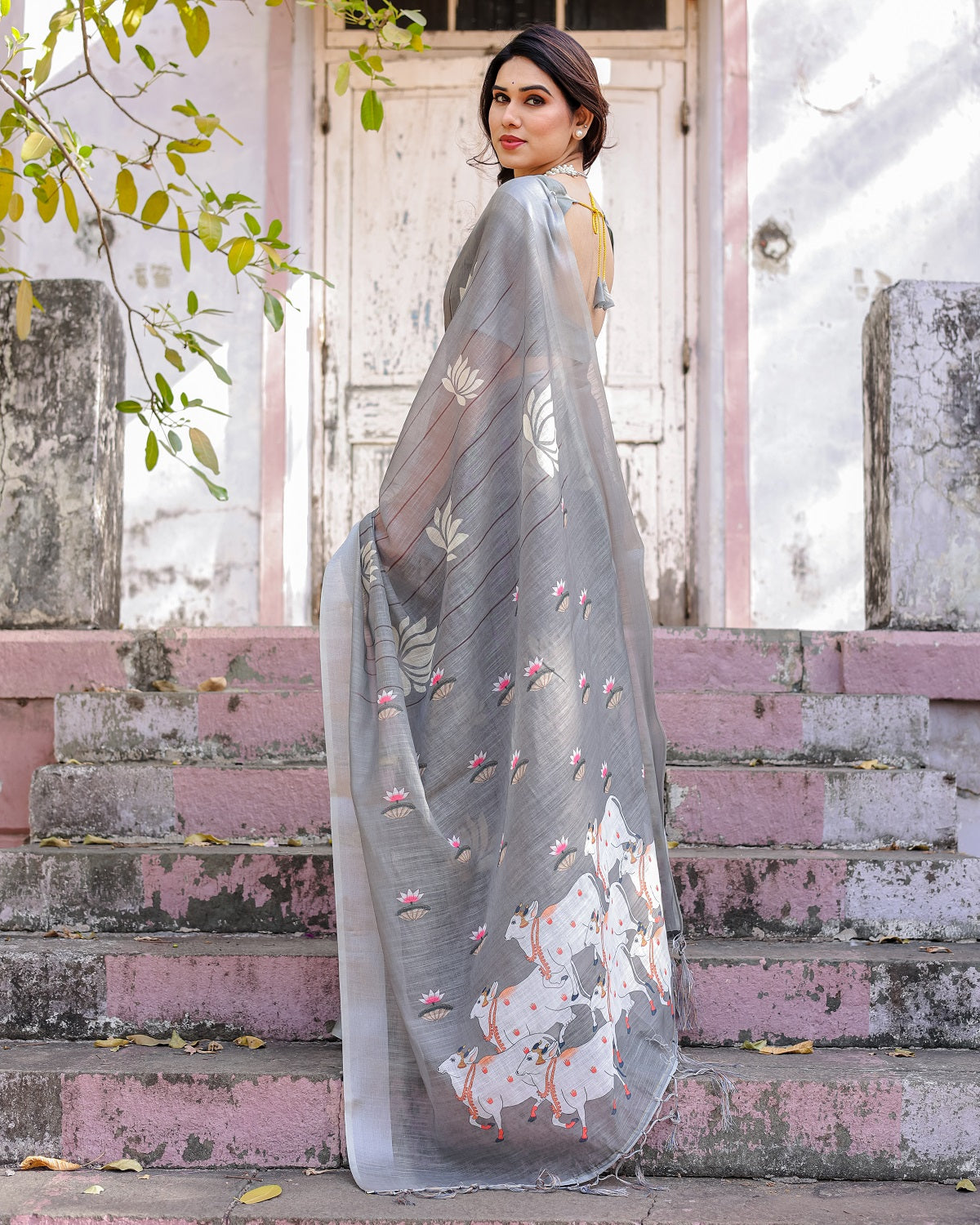 Elegant Grey Linen Saree with White Lotus Print & Silver Zari Border