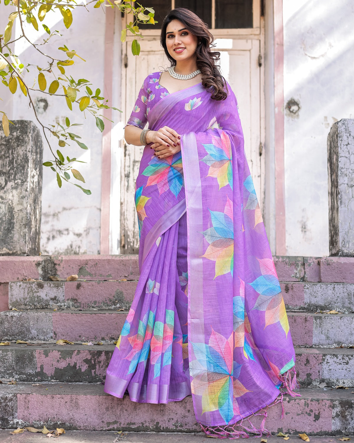 Elegant Multicolor Linen Saree with White Lotus Print & Silver Zari Border