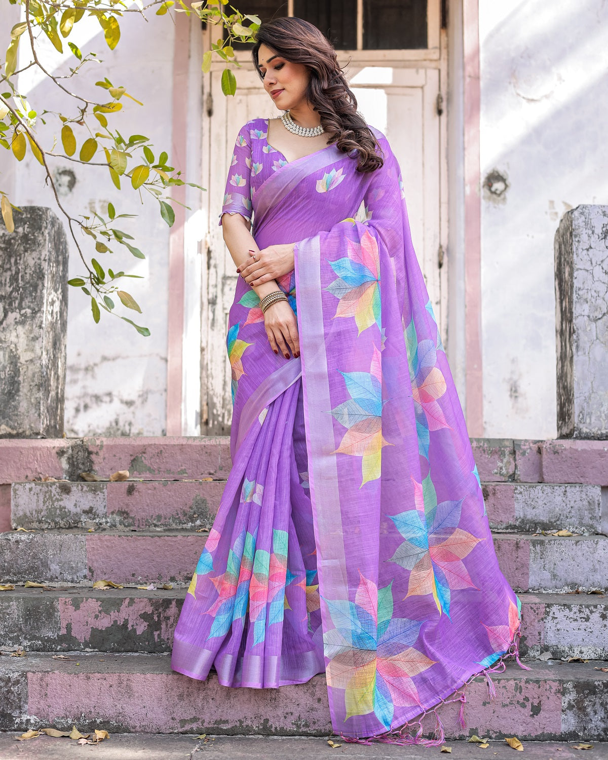 Elegant Multicolor Linen Saree with White Lotus Print & Silver Zari Border