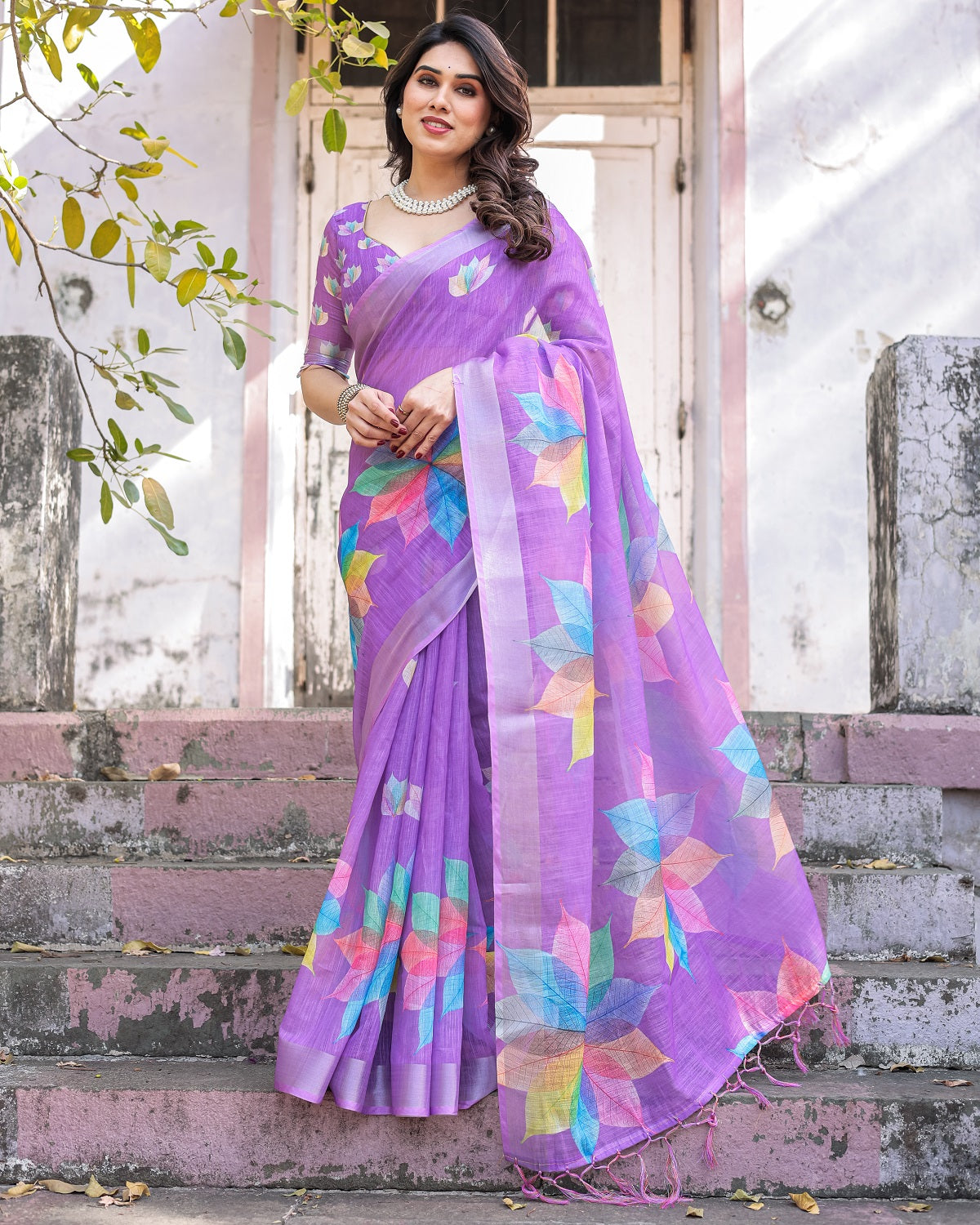 Elegant Multicolor Linen Saree with White Lotus Print & Silver Zari Border
