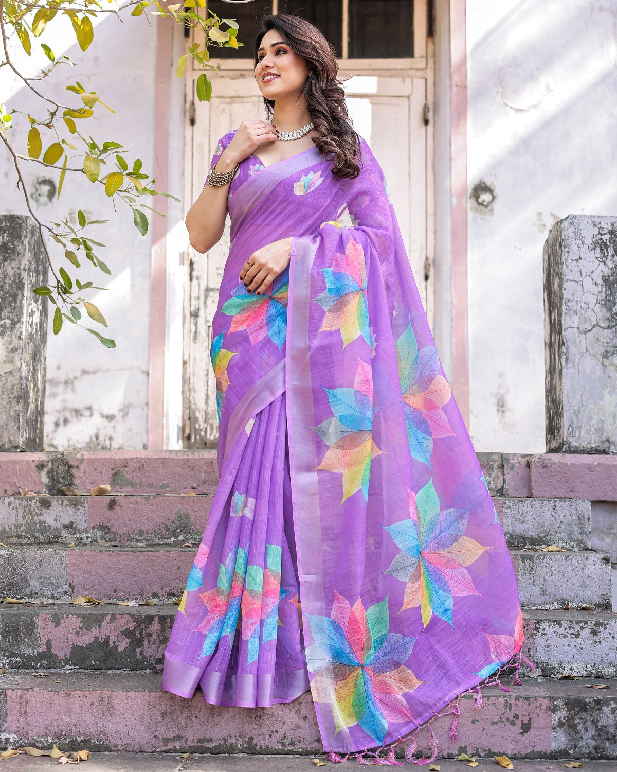 Elegant Multicolor Linen Saree with White Lotus Print & Silver Zari Border