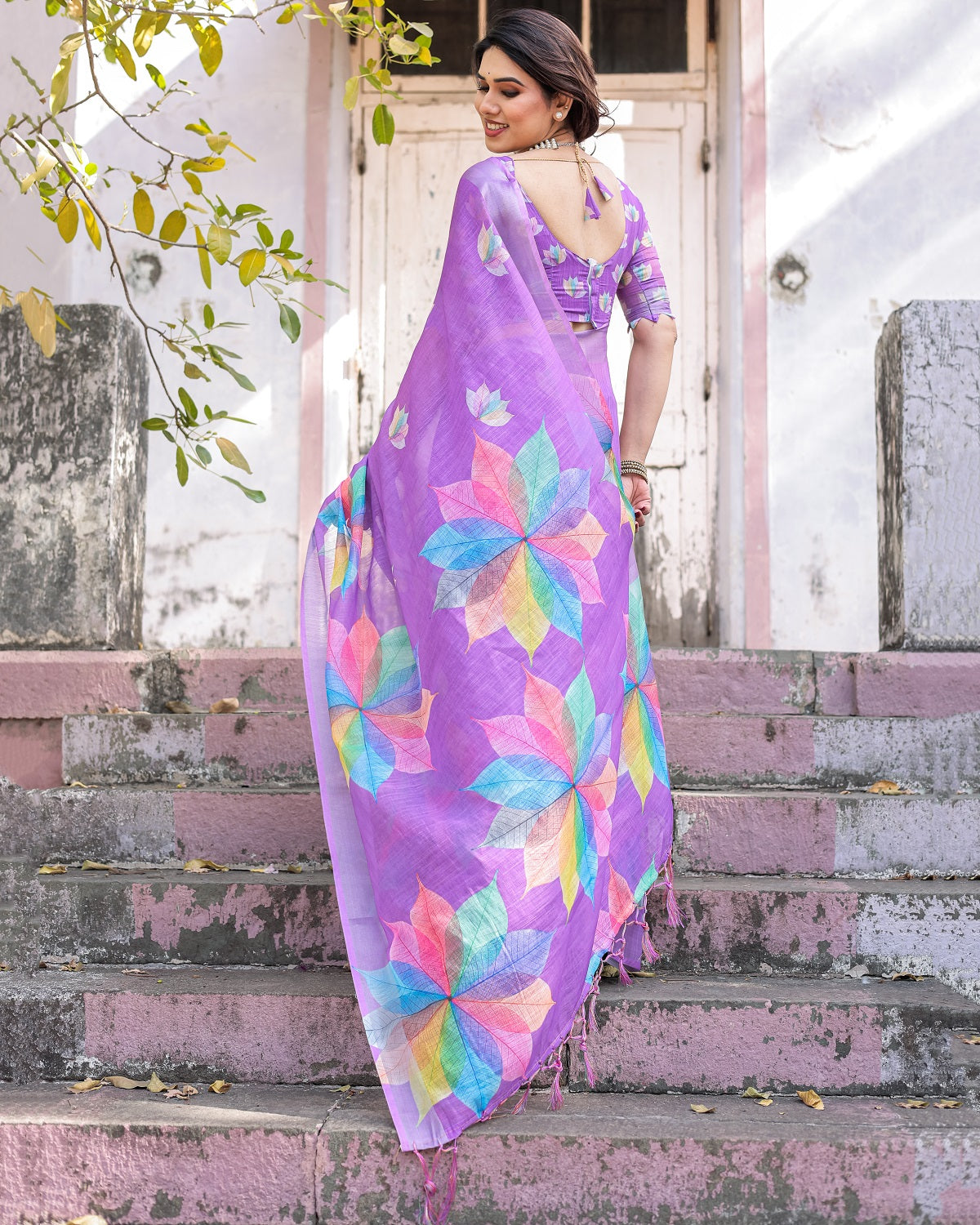 Elegant Multicolor Linen Saree with White Lotus Print & Silver Zari Border