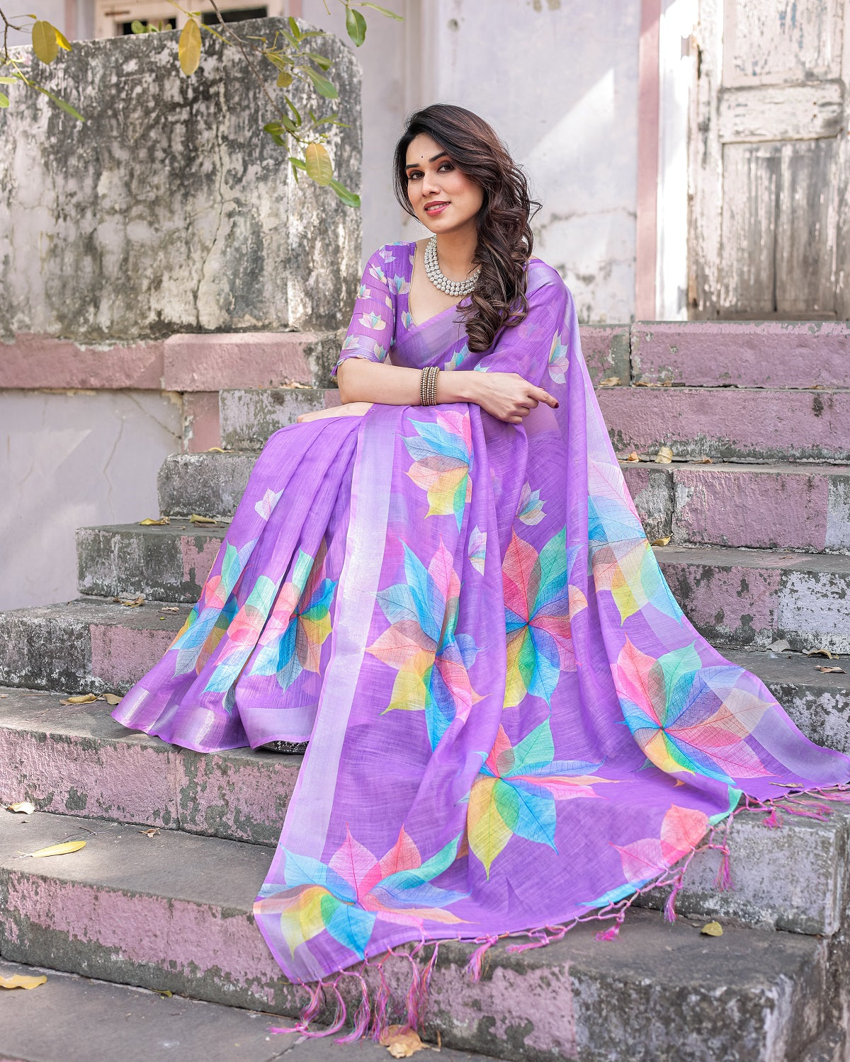 Elegant Multicolor Linen Saree with White Lotus Print & Silver Zari Border